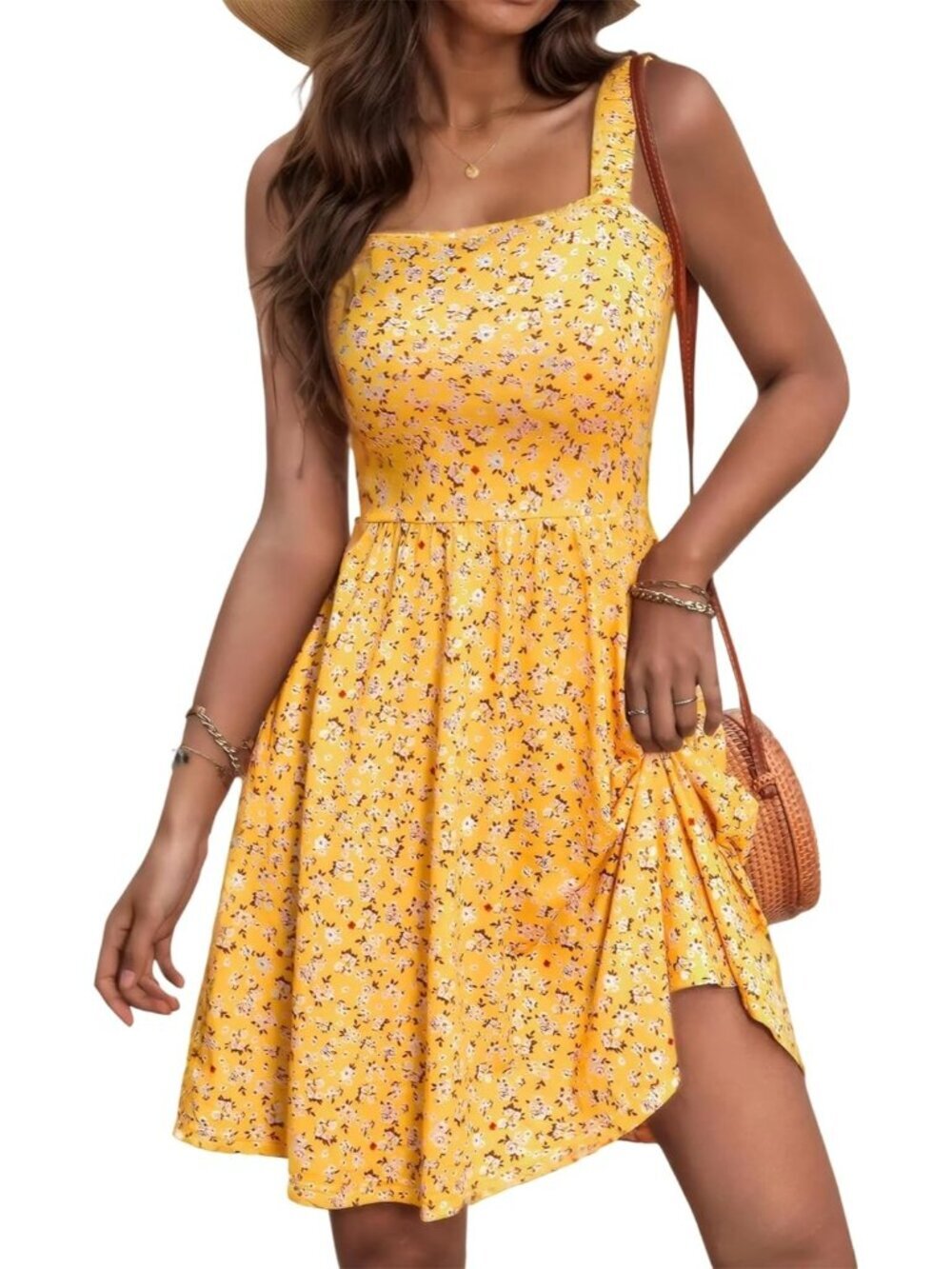 Women's Yellow A-line Floral Summer Sleeveless Square Neck Dresses with Pockets